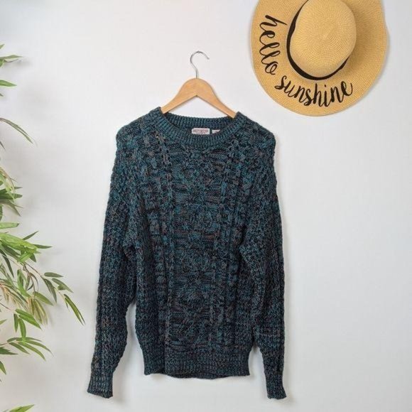 Vintage 90s Oversized Cozy Sweater Mens M Womens L Teal Chunky Cable Knit - Picture 4 of 9